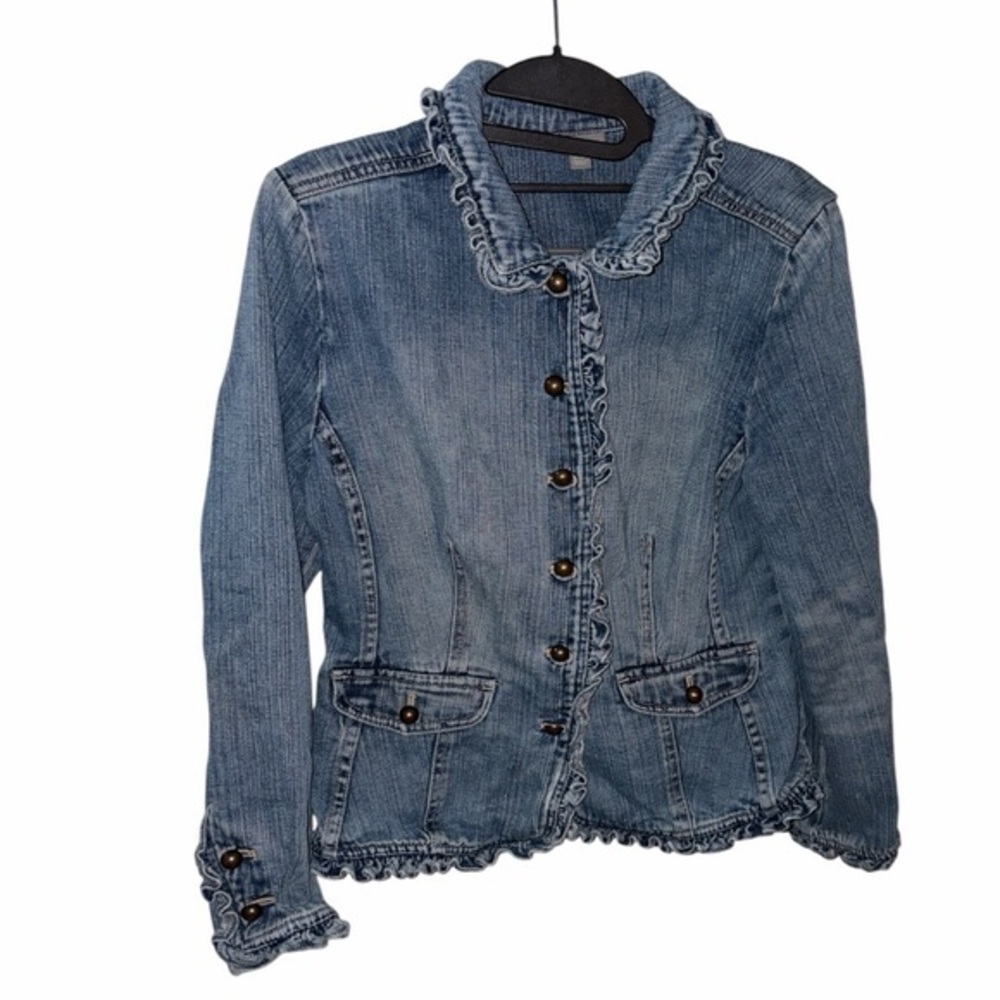 J. Jill Blue Denim Jacket with Button Up Ruffle Details, Size SP Petite
